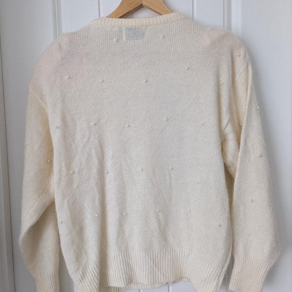 Vintage Ivory Angora Blend Cardigan Lace And Pearl Beading Size Large - Picture 4 of 11